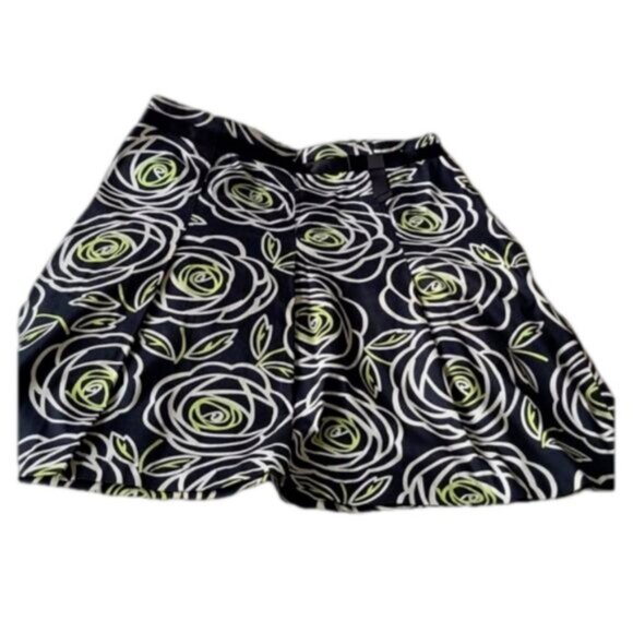 Jessica Flower Floral Black White Green A Line Bow Roses Pattern Midi Skirt - Picture 7 of 8